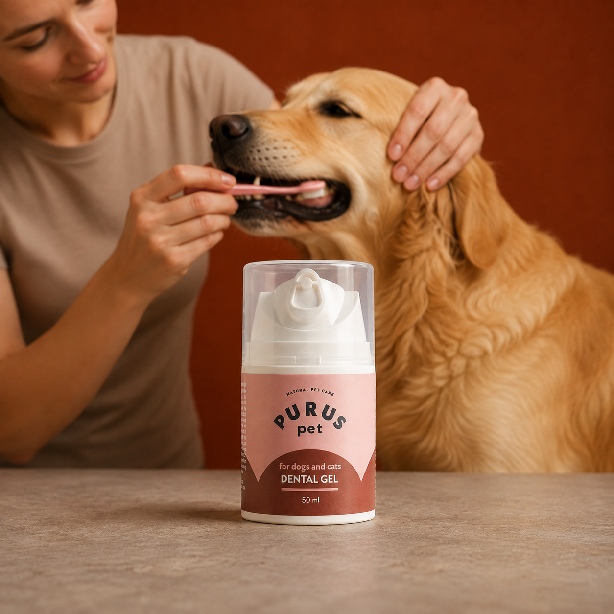 PURUS pet dental gel product with a dog