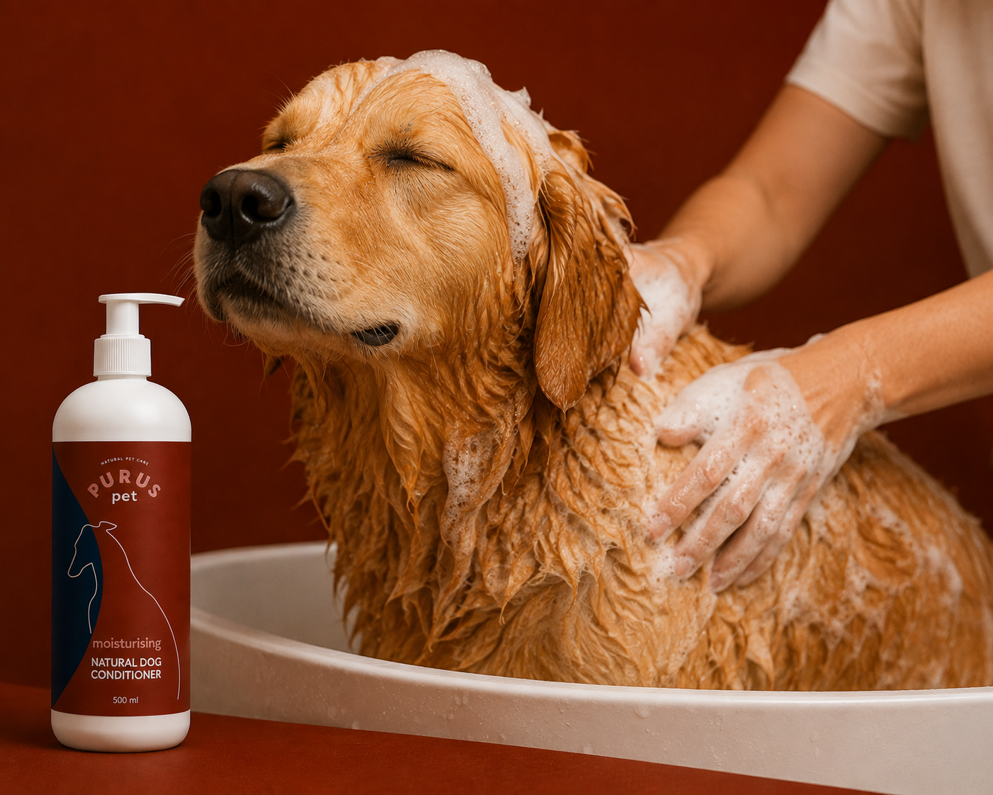 PURUS conditioner bottle beside a dog being bathed